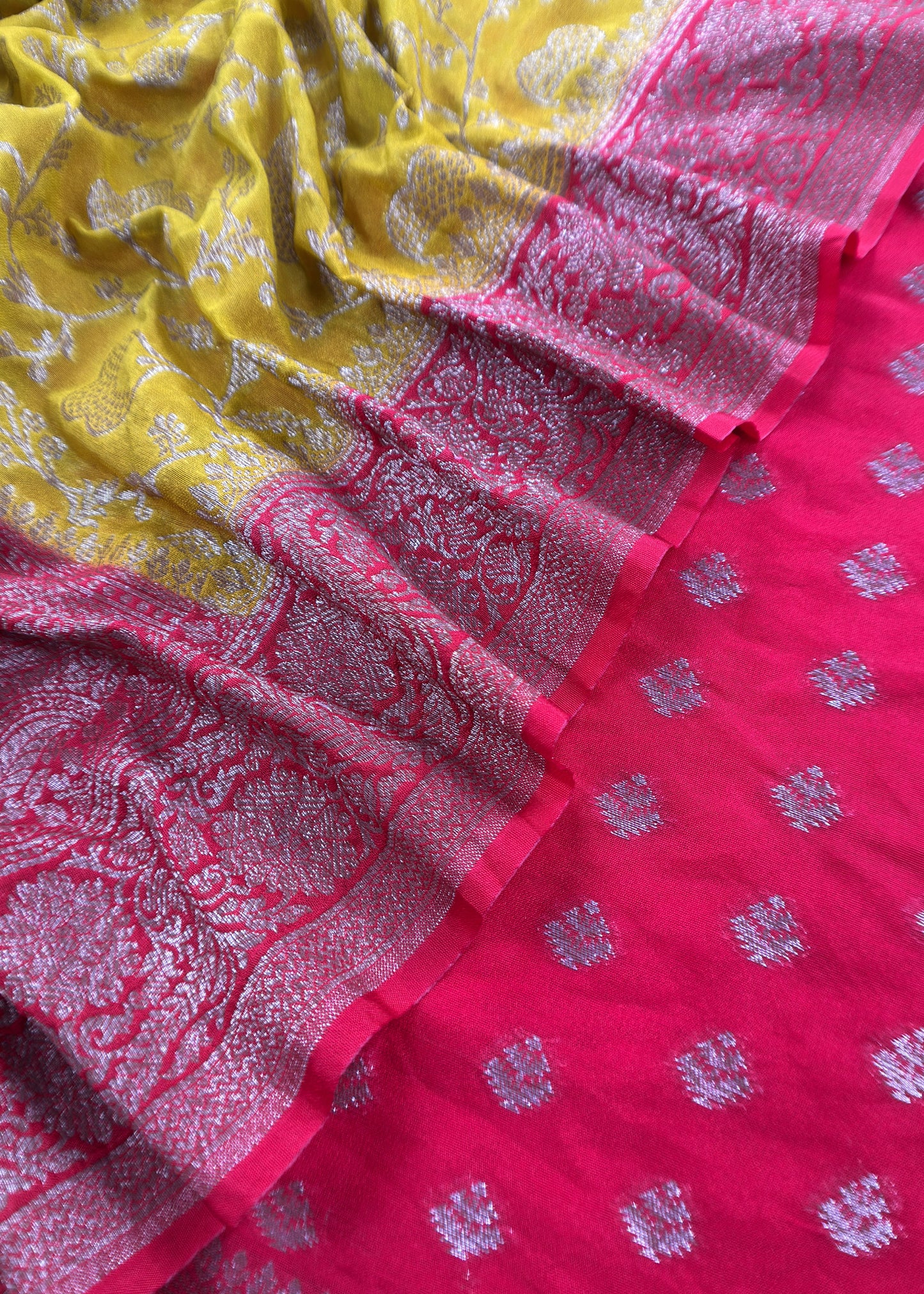 Red And Yellow Contrast Banarasi Silk Suit Fabric With Zari Weaving