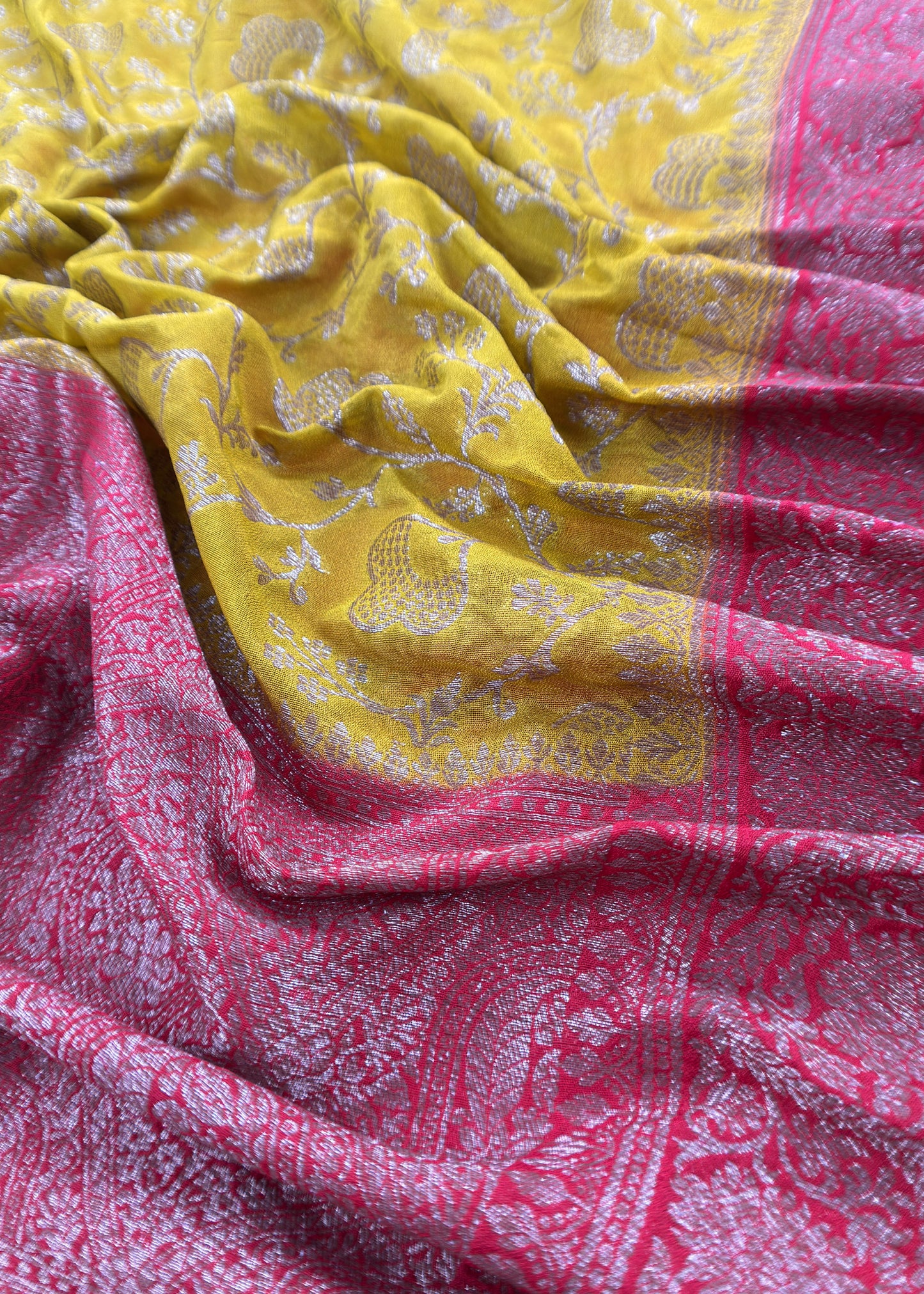 Red And Yellow Contrast Banarasi Silk Suit Fabric With Zari Weaving