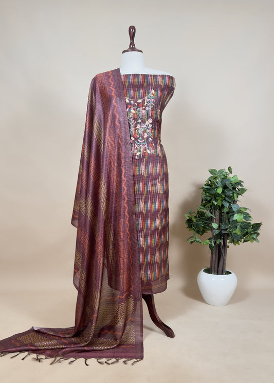 Burnt Maroon Ikkat Art Tussar Unstitched Dupatta-suit with french knot embroidery