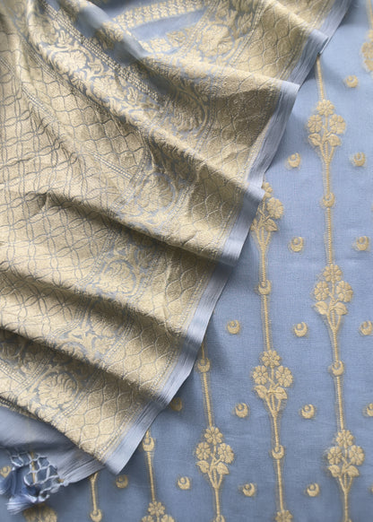 Blue Handloom Chiffon Suit Fabric With Zari Weaving Cutwork