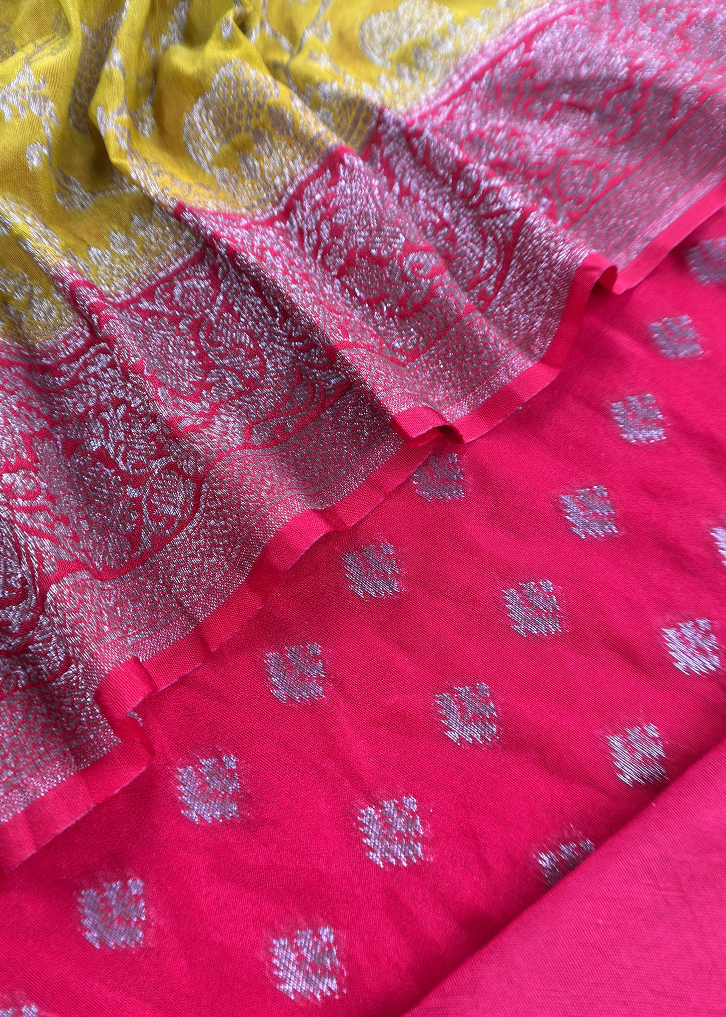 Red And Yellow Contrast Banarasi Silk Suit Fabric With Zari Weaving