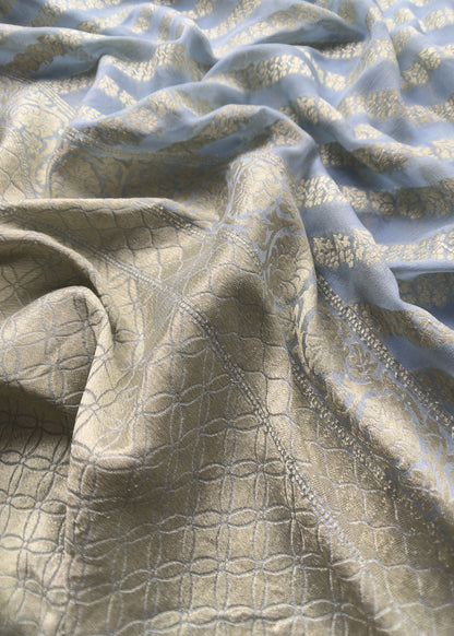 Blue Handloom Chiffon Suit Fabric With Zari Weaving Cutwork