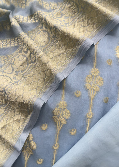 Blue Handloom Chiffon Suit Fabric With Zari Weaving Cutwork