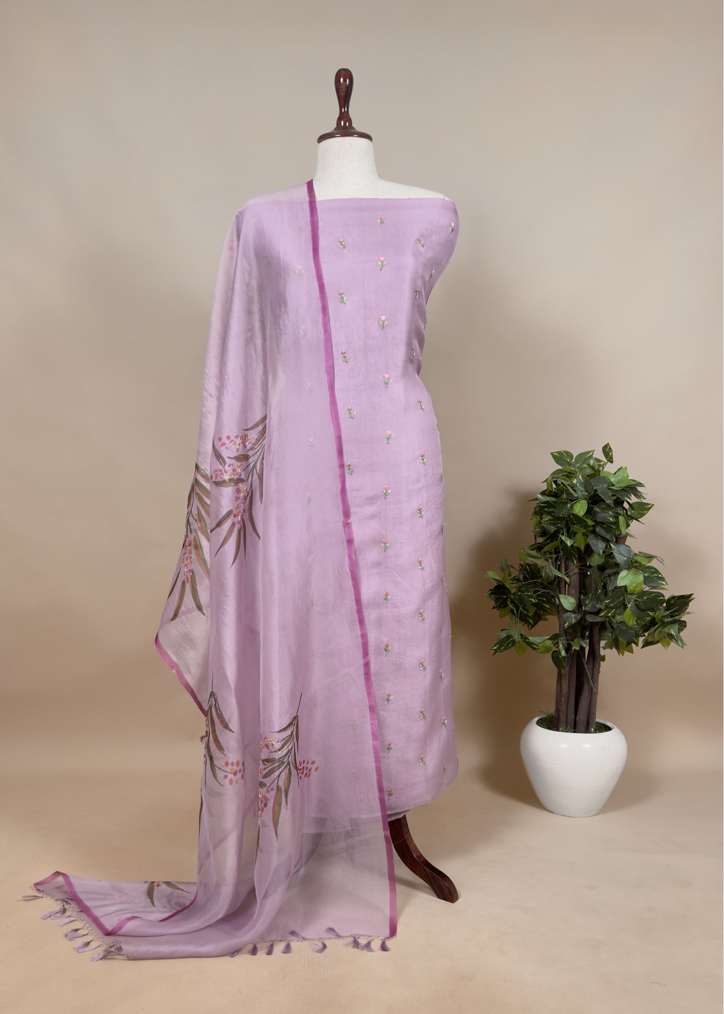 Pink Pure organza Unstitched suit with Resham Embroidery and Hand-painted Dupatta