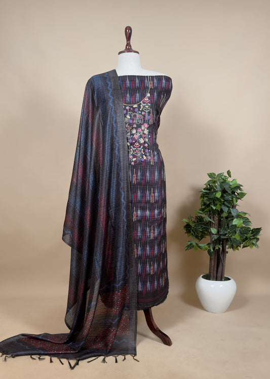 Charcoal Black Ikkat Art Tussar Unstitched Dupatta-Suit With French Knot Embroidery