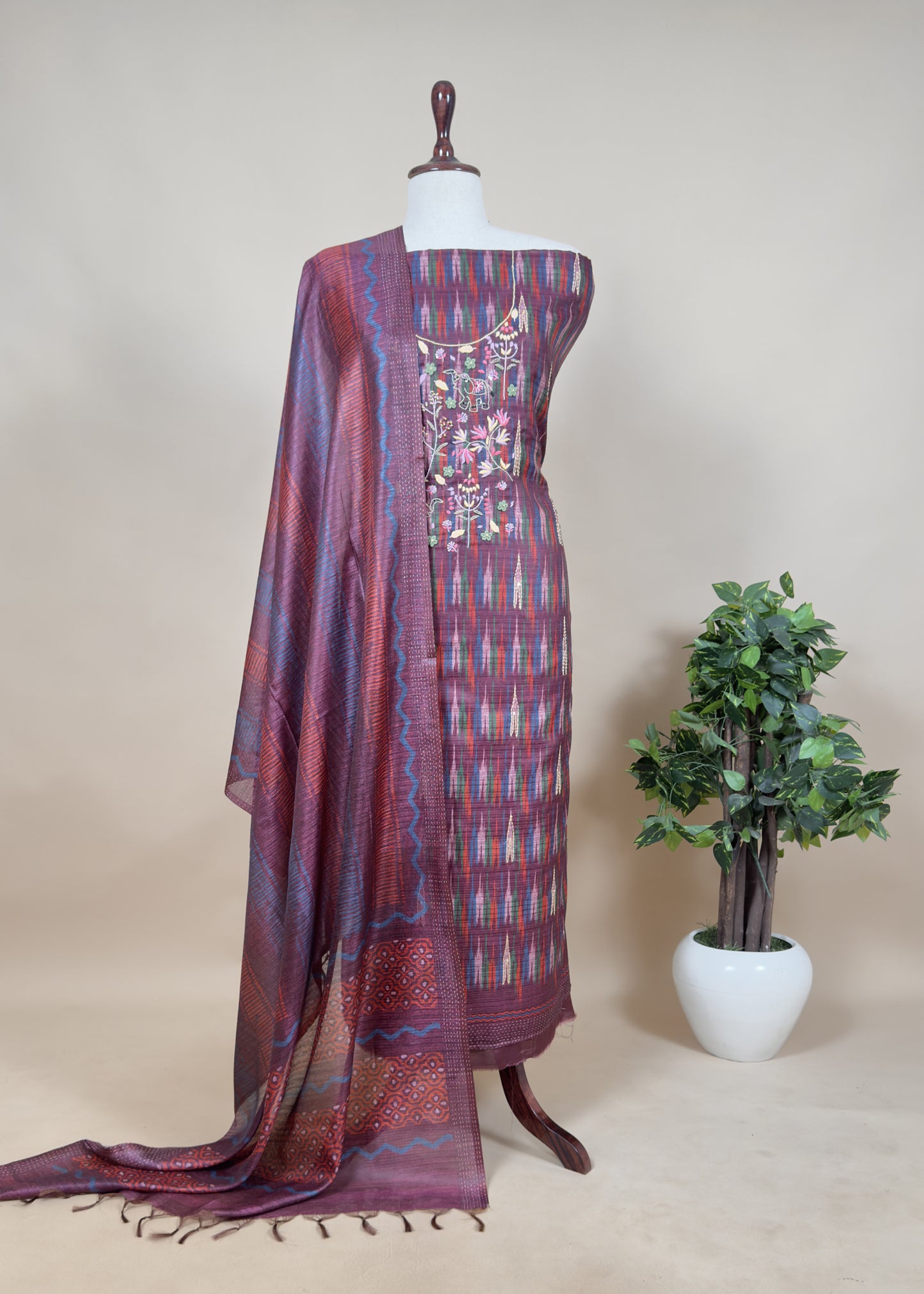 Burnt Maroon Ikkat Art Tussar Unstitched Dupatta-suit with french knot embroidery