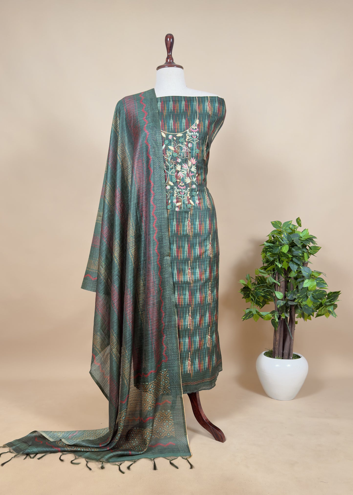 Green Ikkat Art Tussar Unstitched Dupatta-suit with french knot embroidery