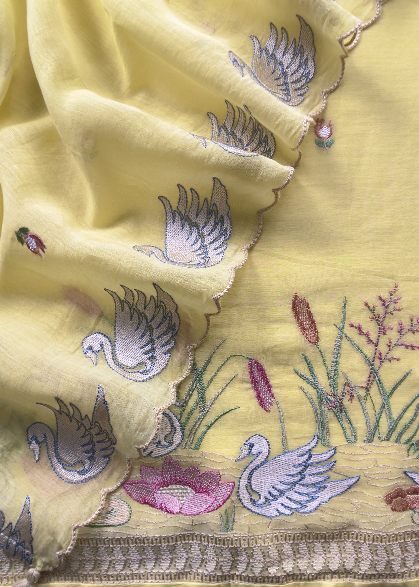 Light Yellow Summer Swans Pure Mul Suit With Embroidery