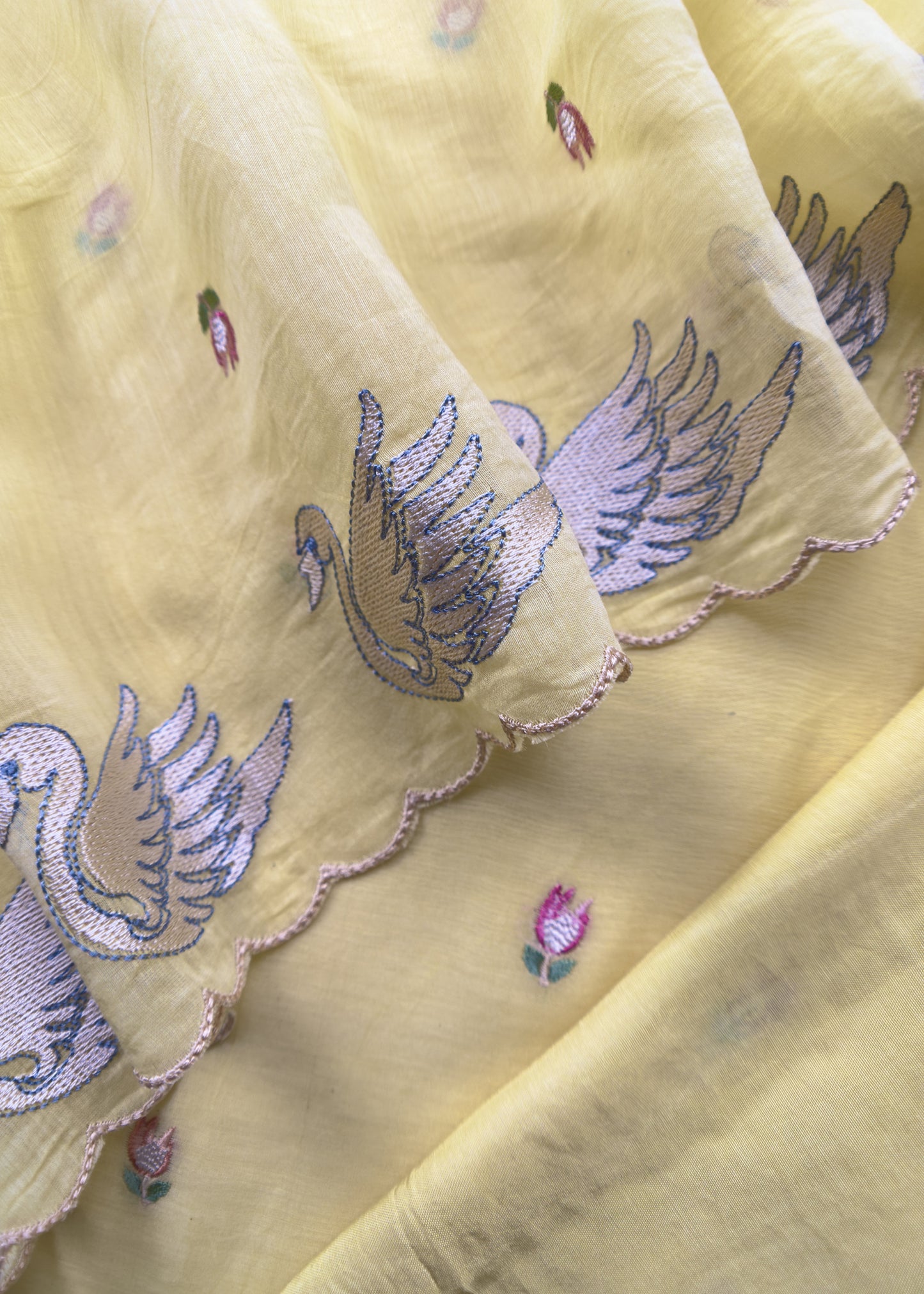 Light Yellow Summer Swans Pure Mul Suit With Embroidery