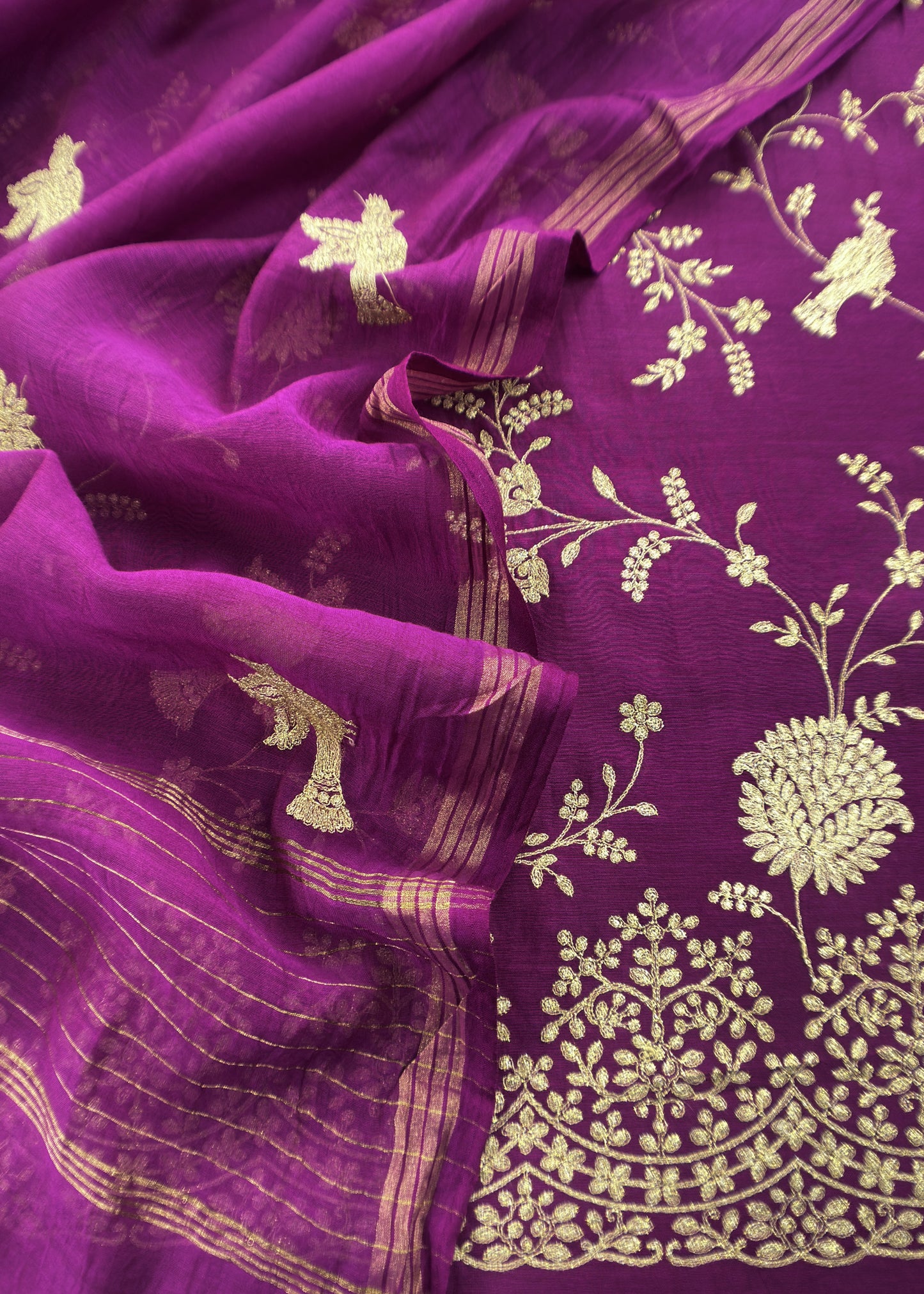 Persian Purple Chidiya Pure Mul Chanderi Suit Fabric With Aari Embroidery
