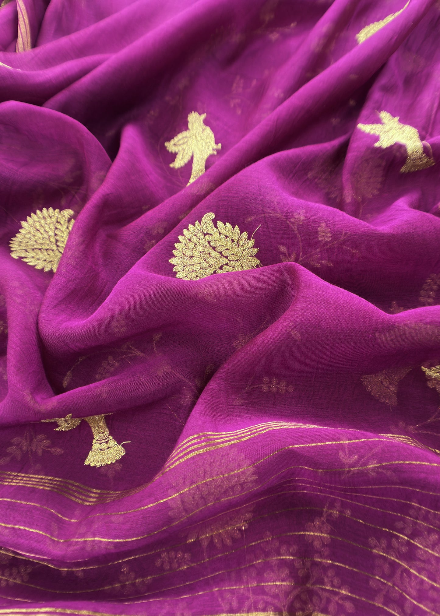 Persian Purple Chidiya Pure Mul Chanderi Suit Fabric With Aari Embroidery