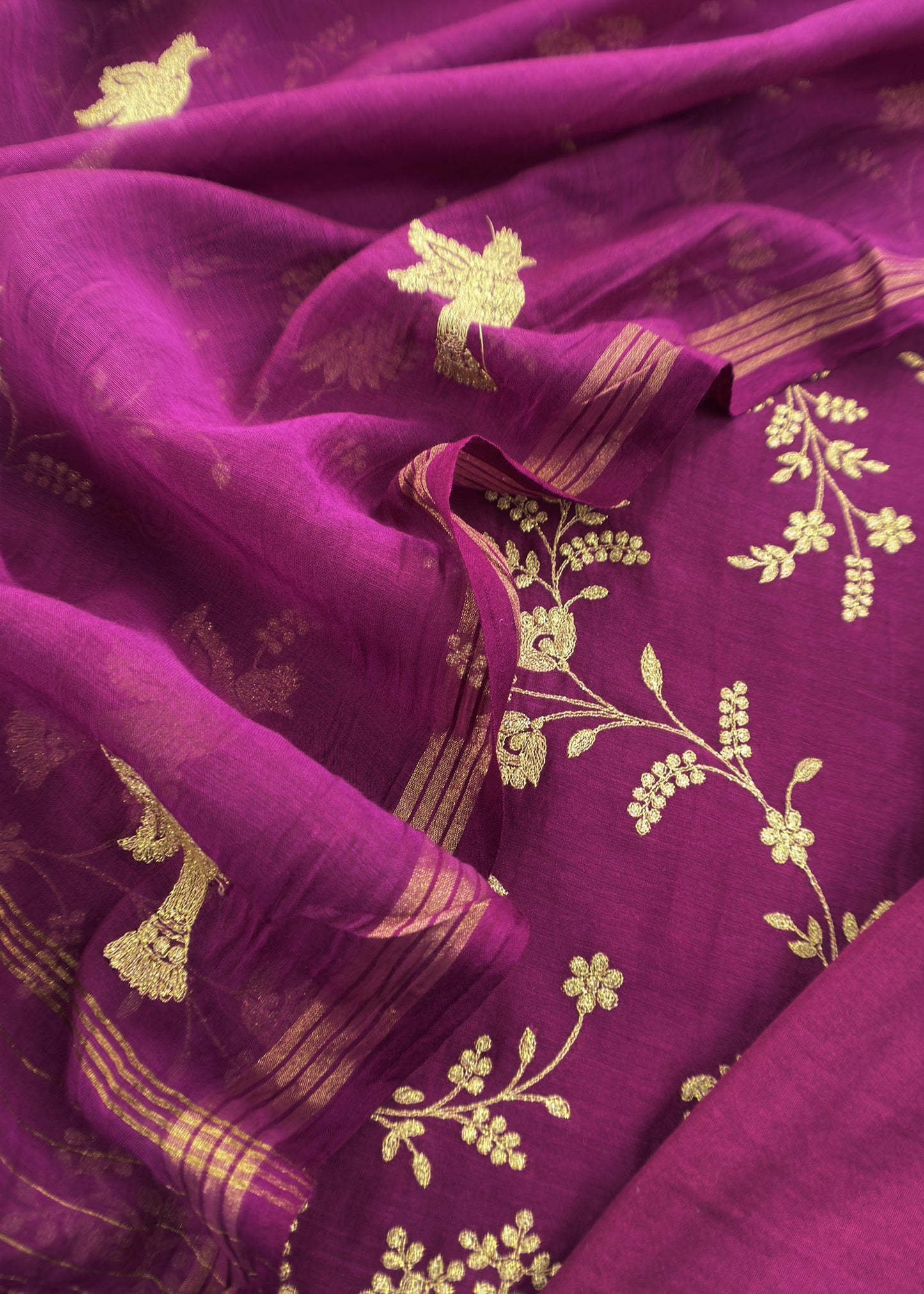 Persian Purple Chidiya Pure Mul Chanderi Suit Fabric With Aari Embroidery
