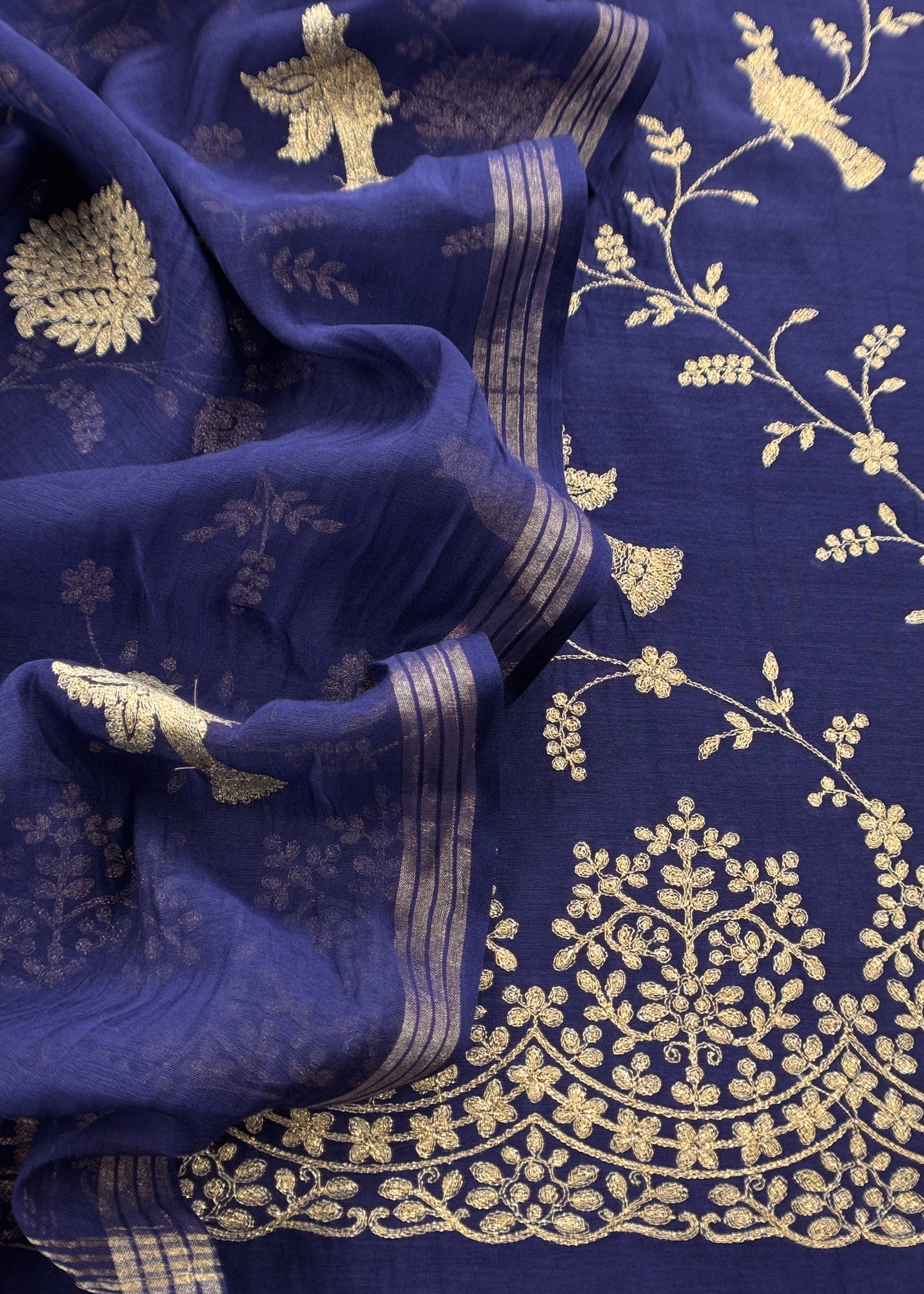 Persian Blue Chidiya Pure Mul Chanderi Suit Fabric With Aari Embroidery