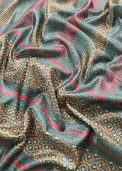 Green Ikkat Art Tussar Unstitched Dupatta-suit with french knot embroidery