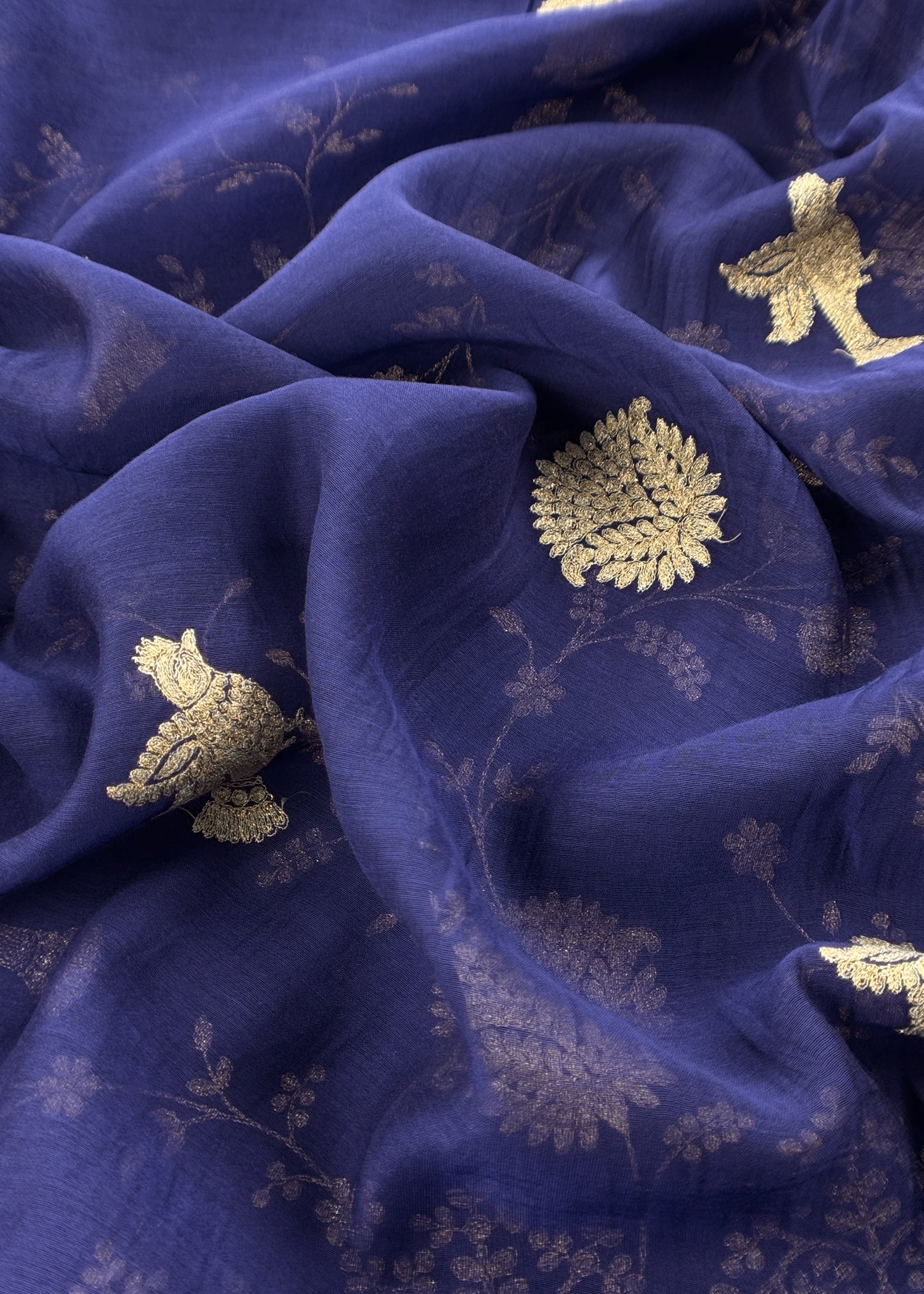Persian Blue Chidiya Pure Mul Chanderi Suit Fabric With Aari Embroidery