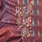 Burnt Maroon Ikkat Art Tussar Unstitched Dupatta-suit with french knot embroidery