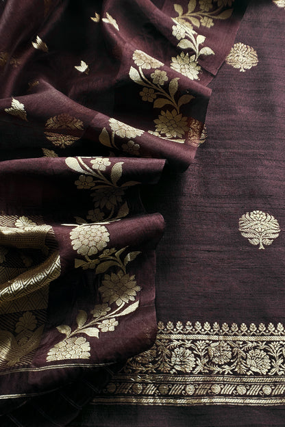 Chocolate Brown Handloom Raw Silk Kurta And Kora Silk Dupatta With Gold Kadwa Weaving