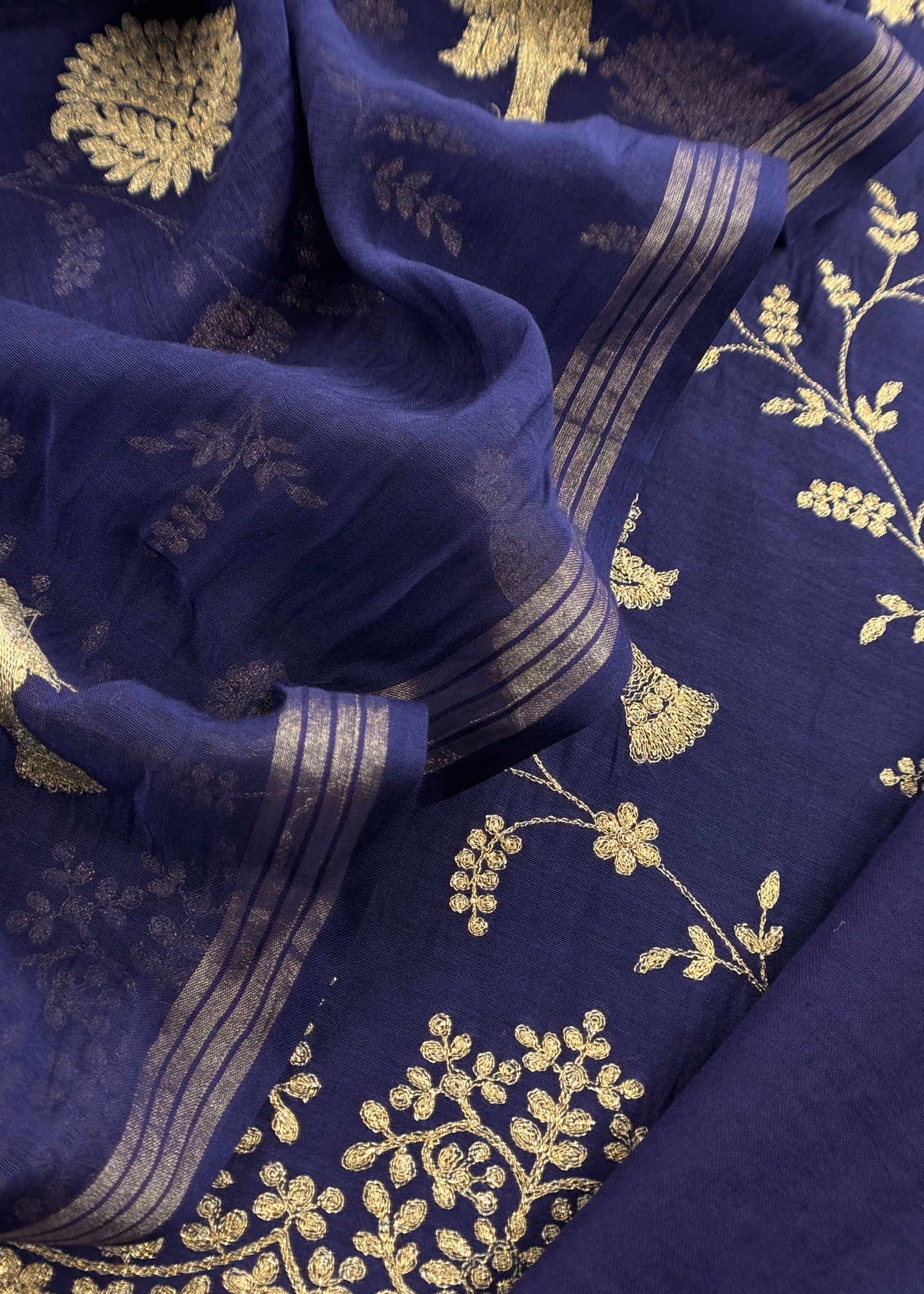 Persian Blue Chidiya Pure Mul Chanderi Suit Fabric With Aari Embroidery