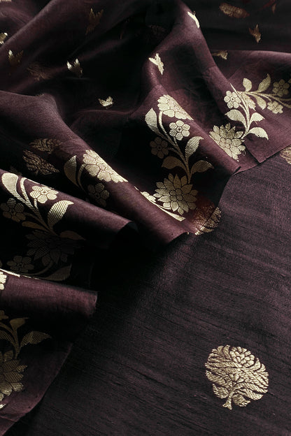 Chocolate Brown Handloom Raw Silk Kurta And Kora Silk Dupatta With Gold Kadwa Weaving