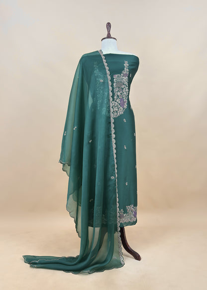 Green Handloom Dupion Silk Suit With Zardosi Handwork