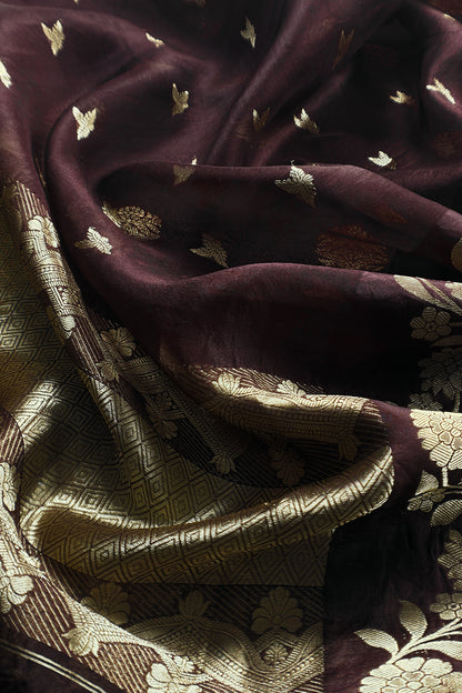 Chocolate Brown Handloom Raw Silk Kurta And Kora Silk Dupatta With Gold Kadwa Weaving