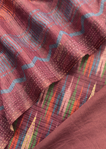 Burnt Maroon Ikkat Art Tussar Unstitched Dupatta-suit with french knot embroidery