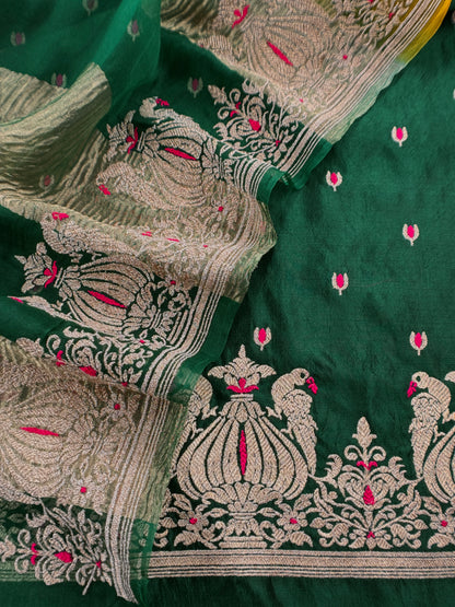Bottle Green Tyohar luxe Mor Pure Kora Silk Kurta With Double Panel Crushed Tissue Dupatta