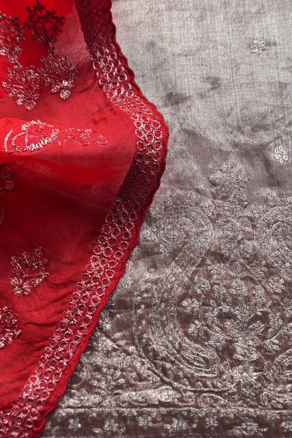 Luxe Golden Red Dulhan Handloom Tissue Silk Kurta And Kora Silk Dupatta With Pitta Hand Work