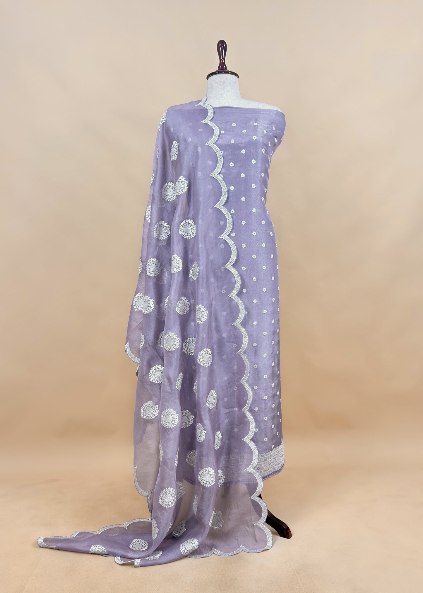 Luxe English Lavender Handloom Silk Suit With Kora Silk Dupatta Adorned With Gold Pitta Work And Resham Embroidery