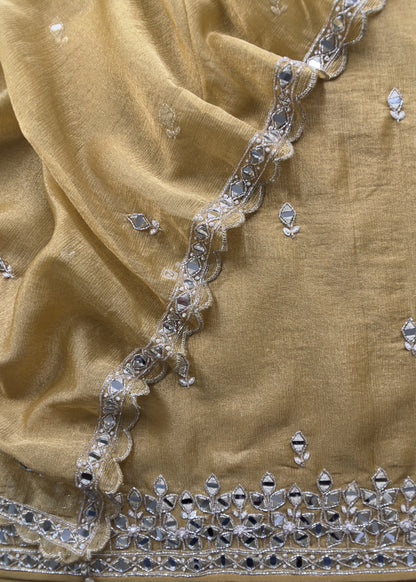 Gold Pure Tissue Silk Unstitched Suit with Real Mirrors Handwork