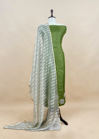 Pear Green Shikagarh Tales Desi Tussar Suit And Tissue Woven Dupatta With Handwork