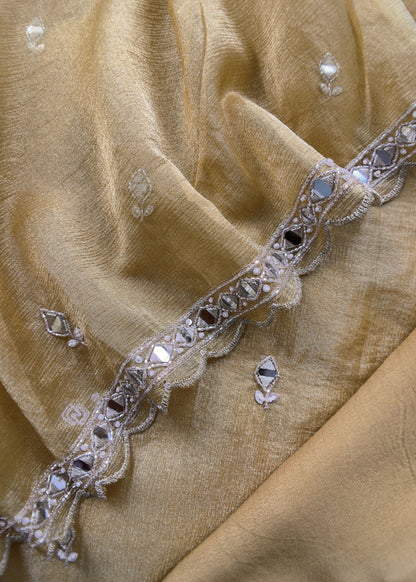 Gold Pure Tissue Silk Unstitched Suit with Real Mirrors Handwork