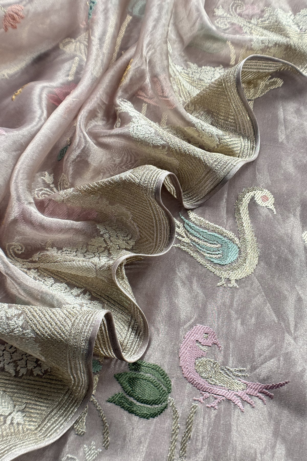 Chikoo Handloom Tissue Silk Suit With Gold Silver Zari And Embroidery