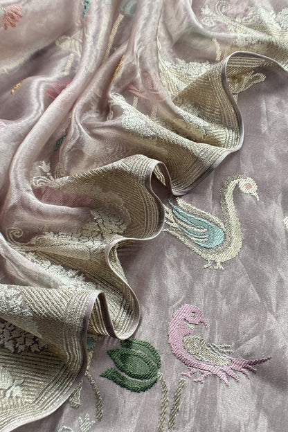 Chikoo Handloom Tissue Silk Suit With Gold Silver Zari And Embroidery