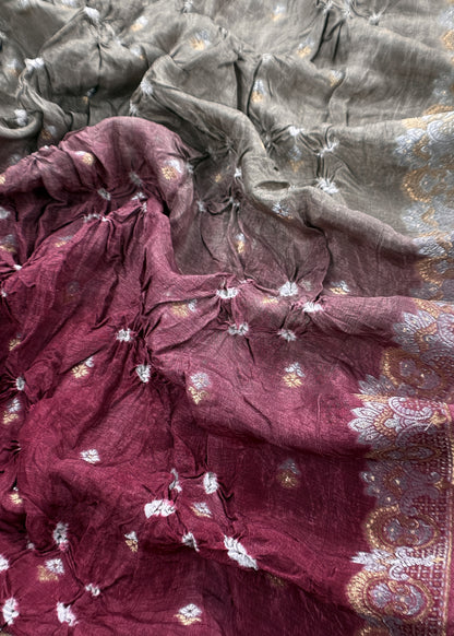 Grey With Maroon Handloom Silk Suit With Zari weaving