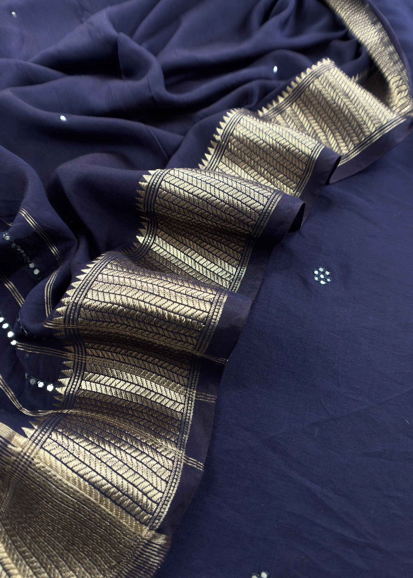 Navy Blue Pure Assamese Silk Suit Fabric With Mirrors Handwork