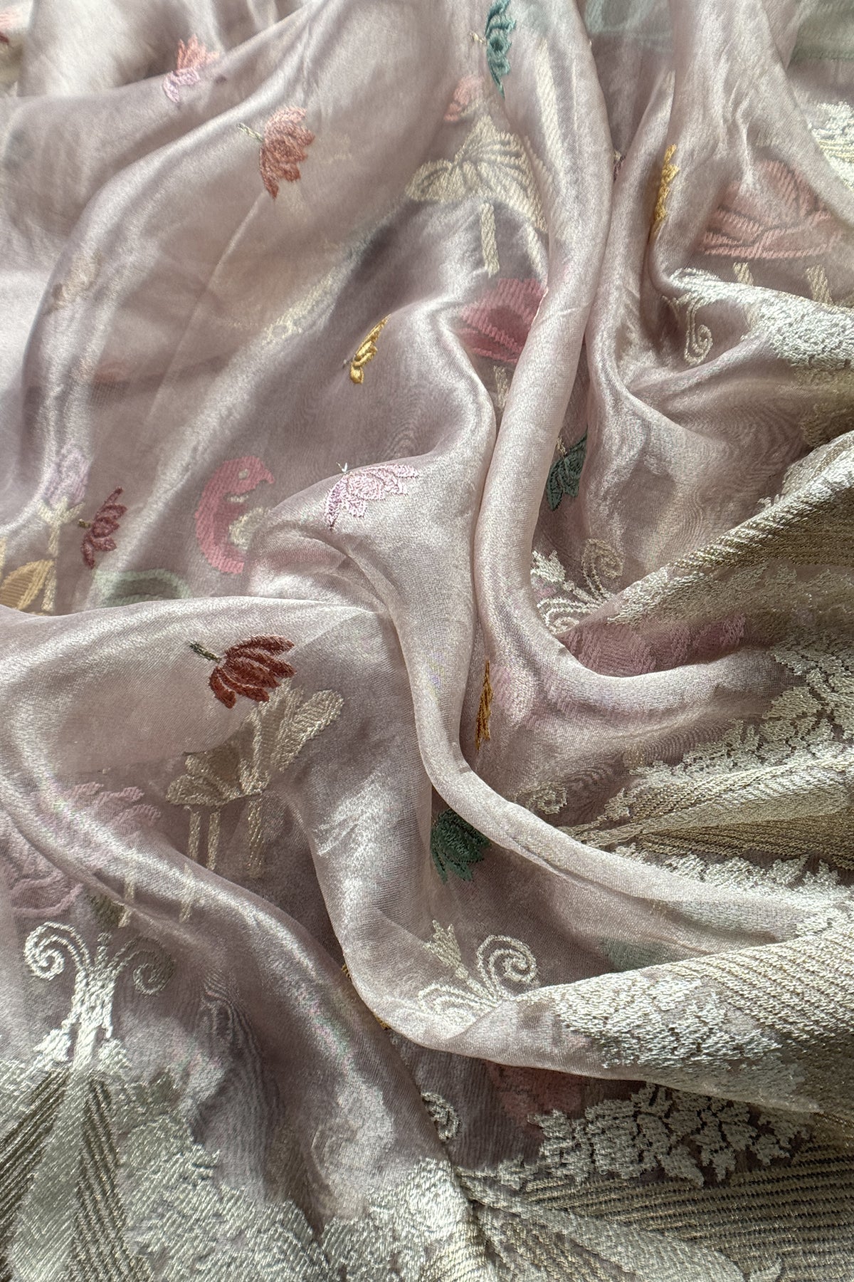 Chikoo Handloom Tissue Silk Suit With Gold Silver Zari And Embroidery