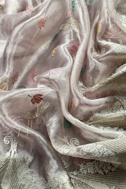 Chikoo Handloom Tissue Silk Suit With Gold Silver Zari And Embroidery
