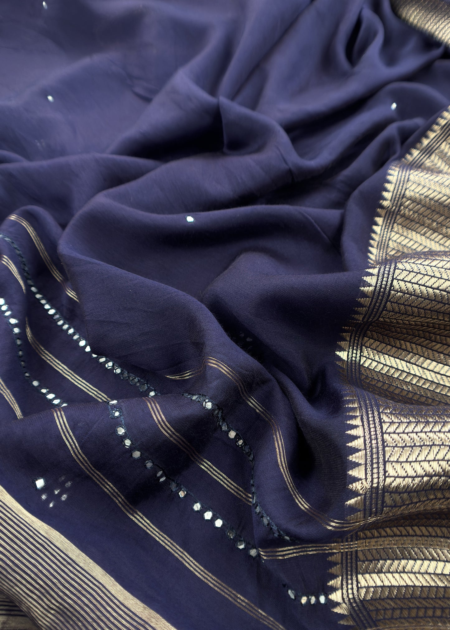 Navy Blue Pure Assamese Silk Suit Fabric With Mirrors Handwork