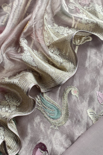Chikoo Handloom Tissue Silk Suit With Gold Silver Zari And Embroidery