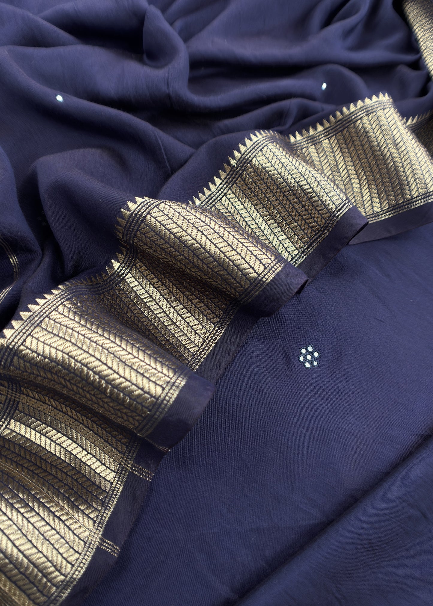 Navy Blue Pure Assamese Silk Suit Fabric With Mirrors Handwork