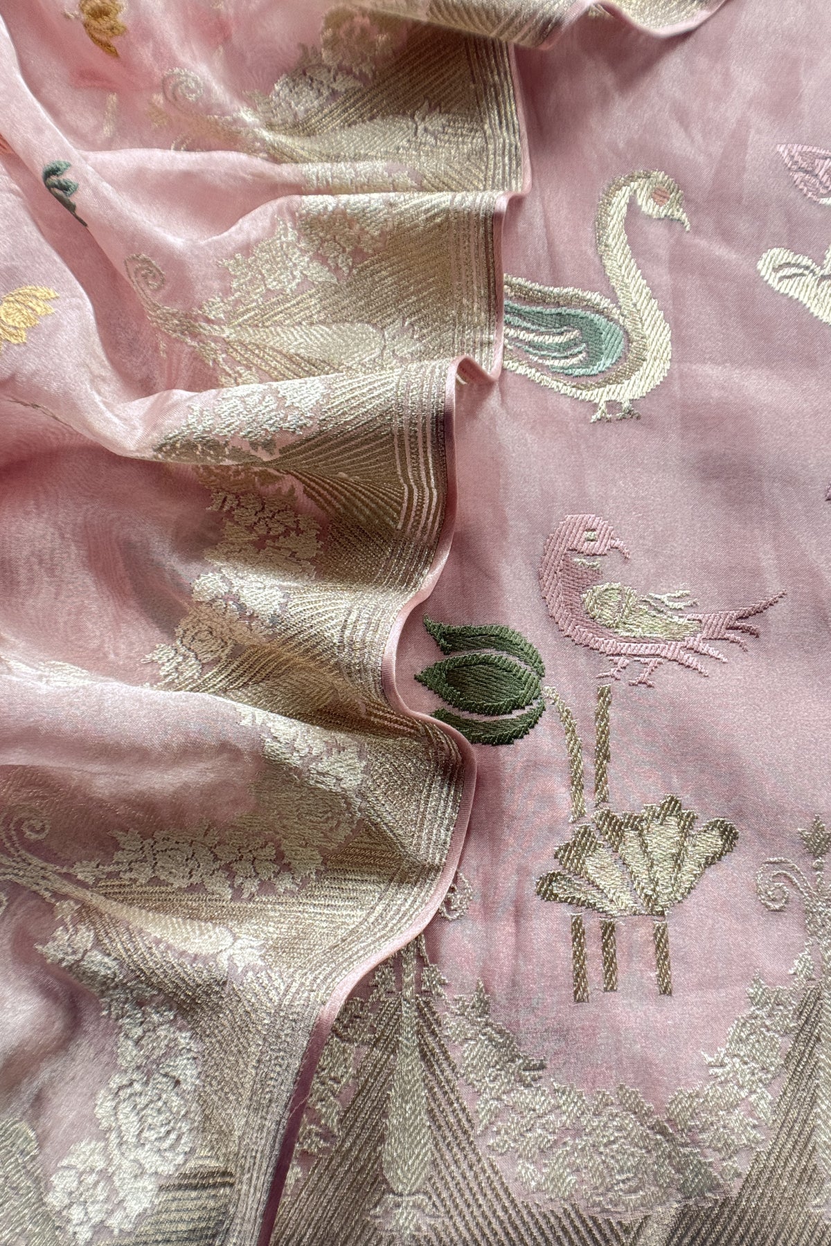 Baby Pink Handloom Tissue Silk Suit With Gold Silver Zari And Embroidery