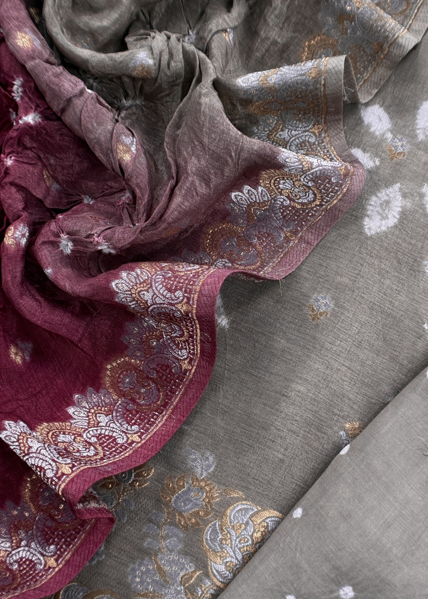 Grey With Maroon Handloom Silk Suit With Zari weaving