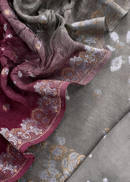 Grey With Maroon Handloom Silk Suit With Zari weaving