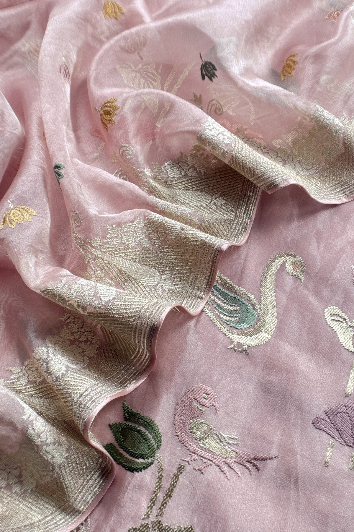 Baby Pink Handloom Tissue Silk Suit With Gold Silver Zari And Embroidery