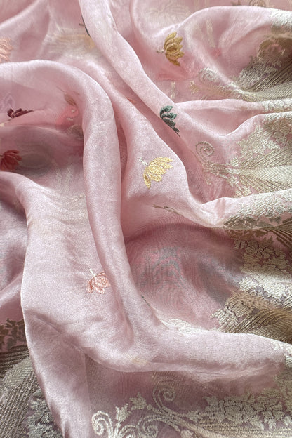 Baby Pink Handloom Tissue Silk Suit With Gold Silver Zari And Embroidery