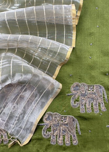 Pear Green Shikagarh Tales Desi Tussar Suit And Tissue Woven Dupatta With Handwork