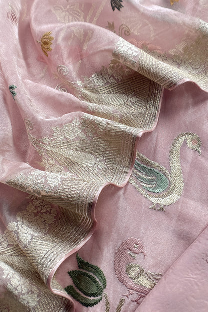 Baby Pink Handloom Tissue Silk Suit With Gold Silver Zari And Embroidery