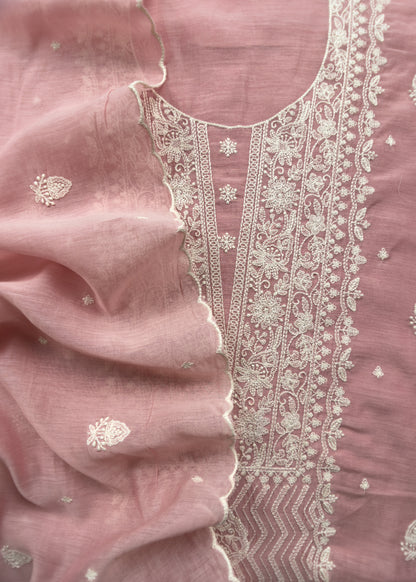 Rose Pink Pure Mul Suit With Chikan Embroidery