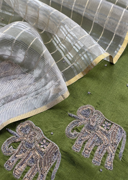 Pear Green Shikagarh Tales Desi Tussar Suit And Tissue Woven Dupatta With Handwork